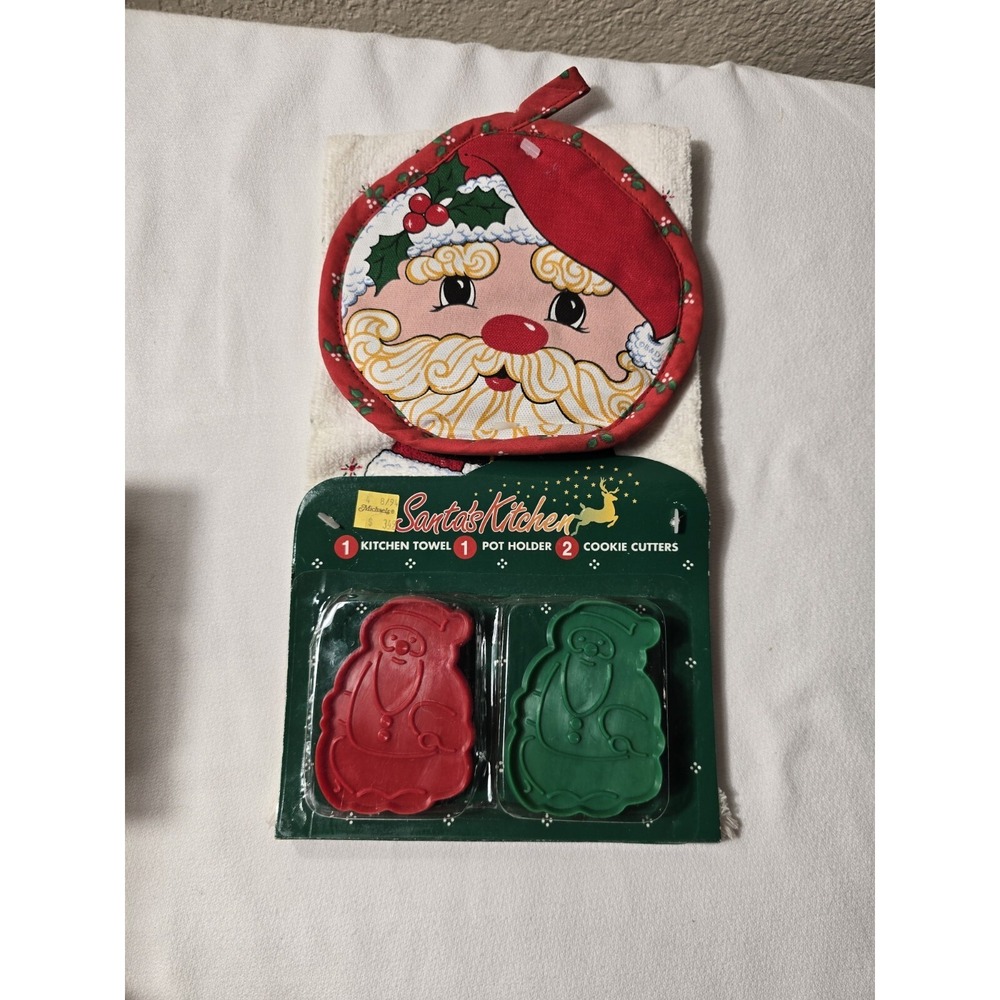 Vtg Santa Kitchen Towel Pot Holder Set 90s NOS‎ Christmas Terrycloth Dish Cloth